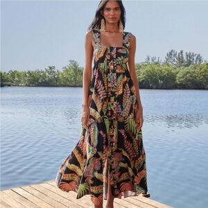 FARM Rio Cool Foliage Button Front Tie Back Maxi Dress, EUC